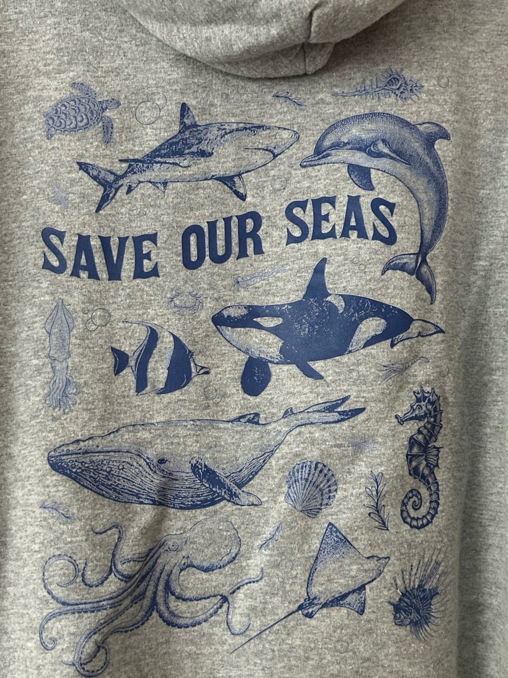 “Save Our Seas” GILDAN Hoodie - Gray with Navy Sea Life Print 🌊